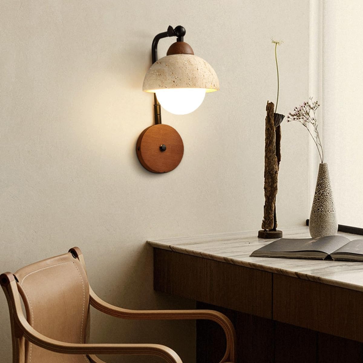 Japanese Wabi Sabi Style Natural Yellow Travertine Hallway Wall Sconce Modern Nordic Bedside Wall Light Mid Century Retro Industry Bedroom Wall Lamp for Dining Room Aisle Stairs Balcony