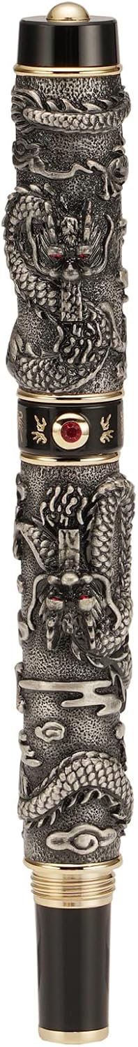 Gray Jinhao Vintage Luxury Dragon Fountain Pen Playing Pearl, Extra Fine Nib 0.38mm Metal Carving Embossed Heavy Pen