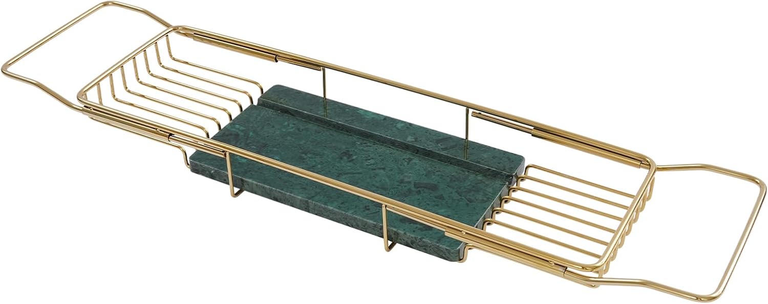 Expandable Bathtub Tray, Stainless Steel Bath Table Tray with Marble Board, Modern Luxury Bathtub Shelf for Bathrooms, Kitchen Sink (Gold + White)