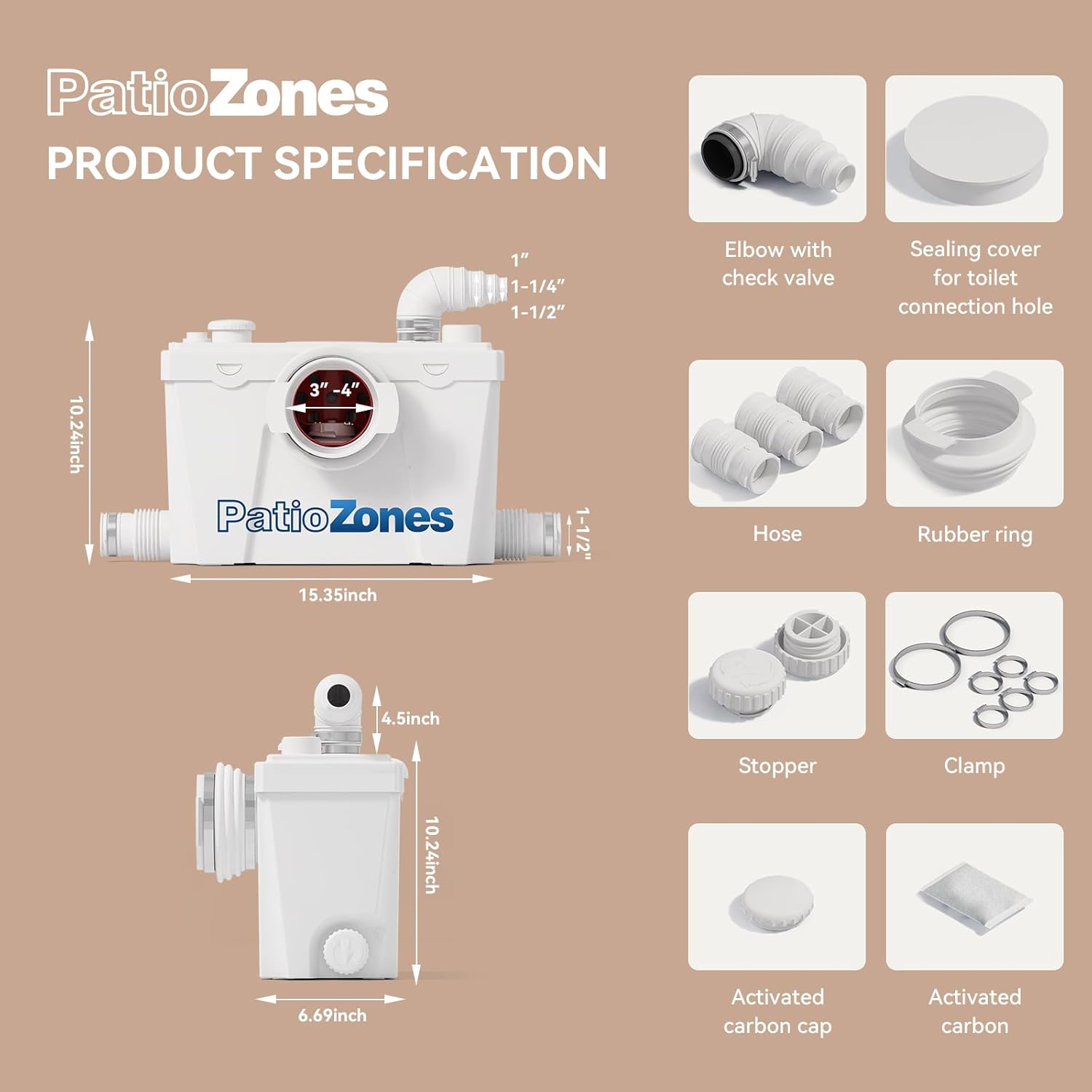 Macerator Pump, Sewage Upflow Grinder Pump with Durable Copper Motor, 4 Inlets for Basement Toilet, Sink, Shower, Washer, Household/Residential Waste Water Upflush System, 23 ft Head Lift, Low Noise