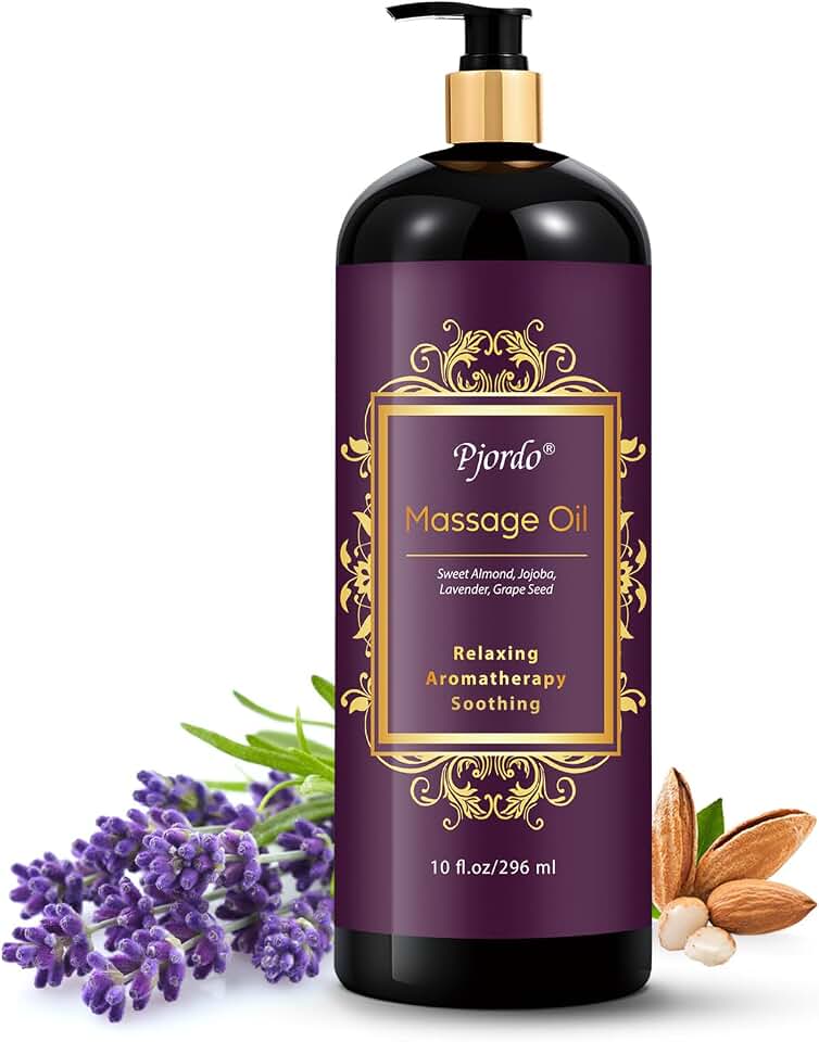 Pjordo Óleo de massagem de lavanda para aromaterapia, 295 ml, óleo de massagem relaxante para terapia de massagem com semente de uva, amêndoa doce e jojoba, óleos de qualidade de spa para calmante