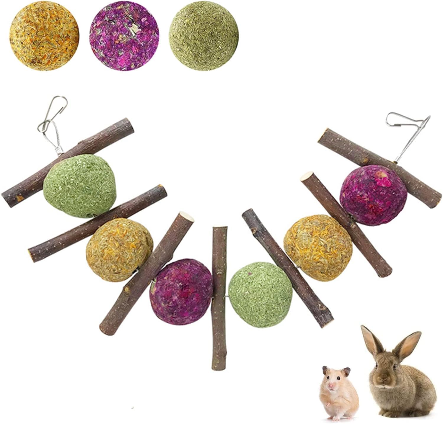 NALACAL Rabbit Toys, Rabbit Toys Boredom Breaker Rabbit Treats, Apple Stick Rose and Grass ball, Rabbit Hanging Toys Hamster Chinchilla Gerbil Chewing Molar Toy (Flower Grass Ball)