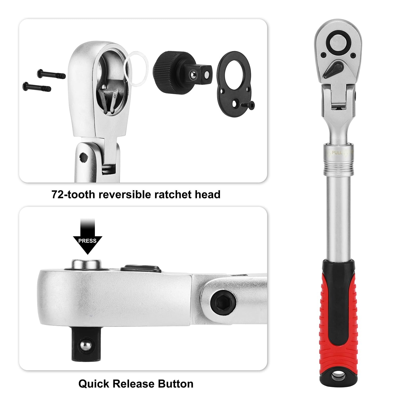 Mayouko Set di 3 chiavi a cricchetto con testa flessibile, attacco da 1/4" e 3/8" e 1/2", 72 denti, CR-V