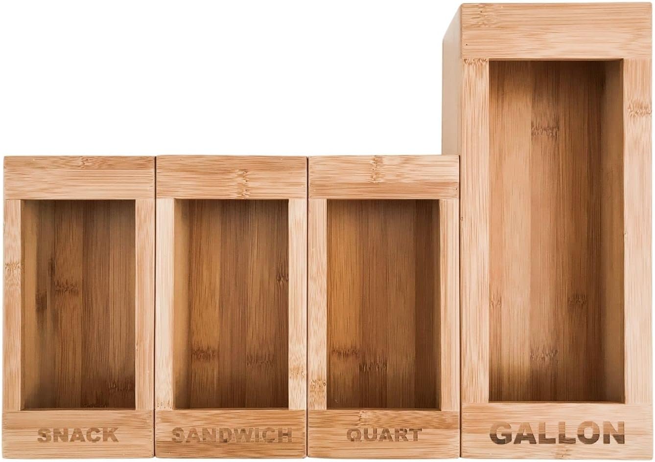 PurpleWares Food Storage Bag Holders – Premium Moso Bamboo Kitchen Drawer Organizer Compatible with Ziploc, Solimo, Glad, Hefty for Gallon, Quart, Sandwich & Snack Variety Size Bags (4 Piece Set)