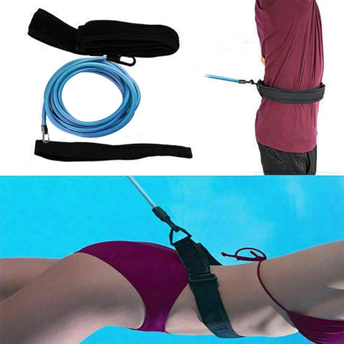 FBSPORT Swim Training Belts 4M, Swimming Training Resistance Belt, Swim Tether Stationary Swimming for Adult Kids Swim Harness Static Swim Resistance Bands Bungee Cords Swim Belt