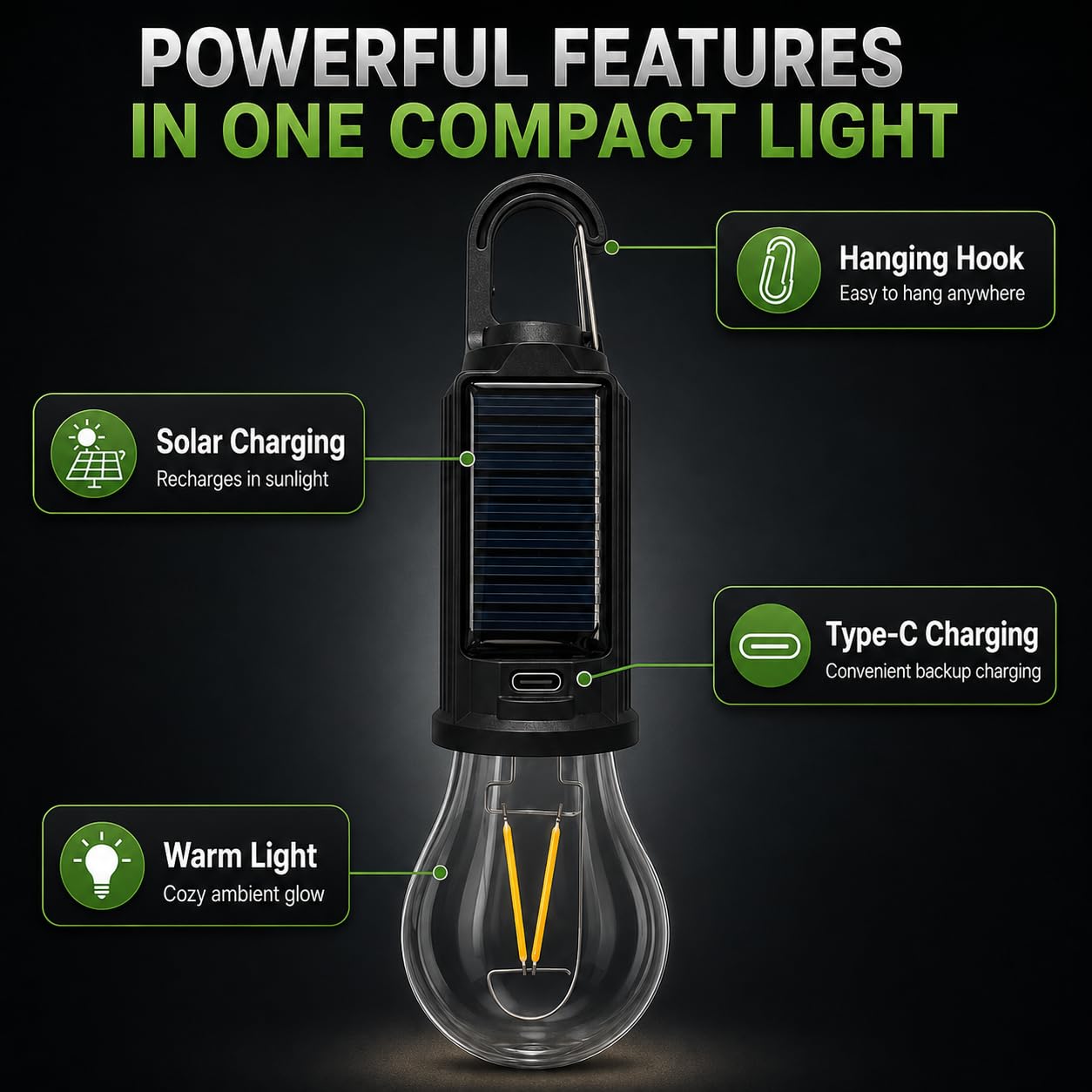 Solar Camping Light Bulb - Rechargeable LED Lantern -2