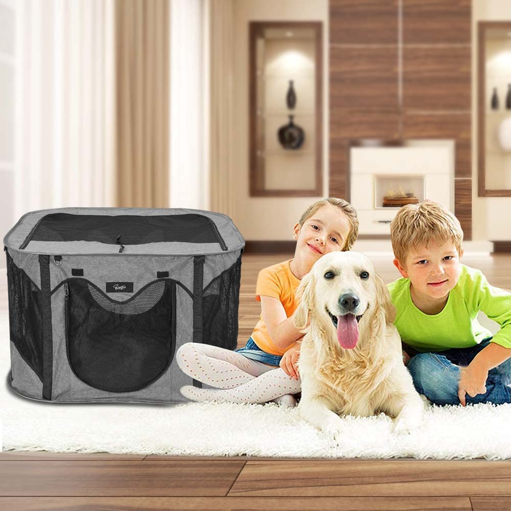 XhuangTech Parc de jeu portable pliable pour chiot et chat, intérieur/extérieur et sac de transport pour animal de compagnie + étui de transport gratuit (gris, taille S (80 x 80 x 50,8 cm)