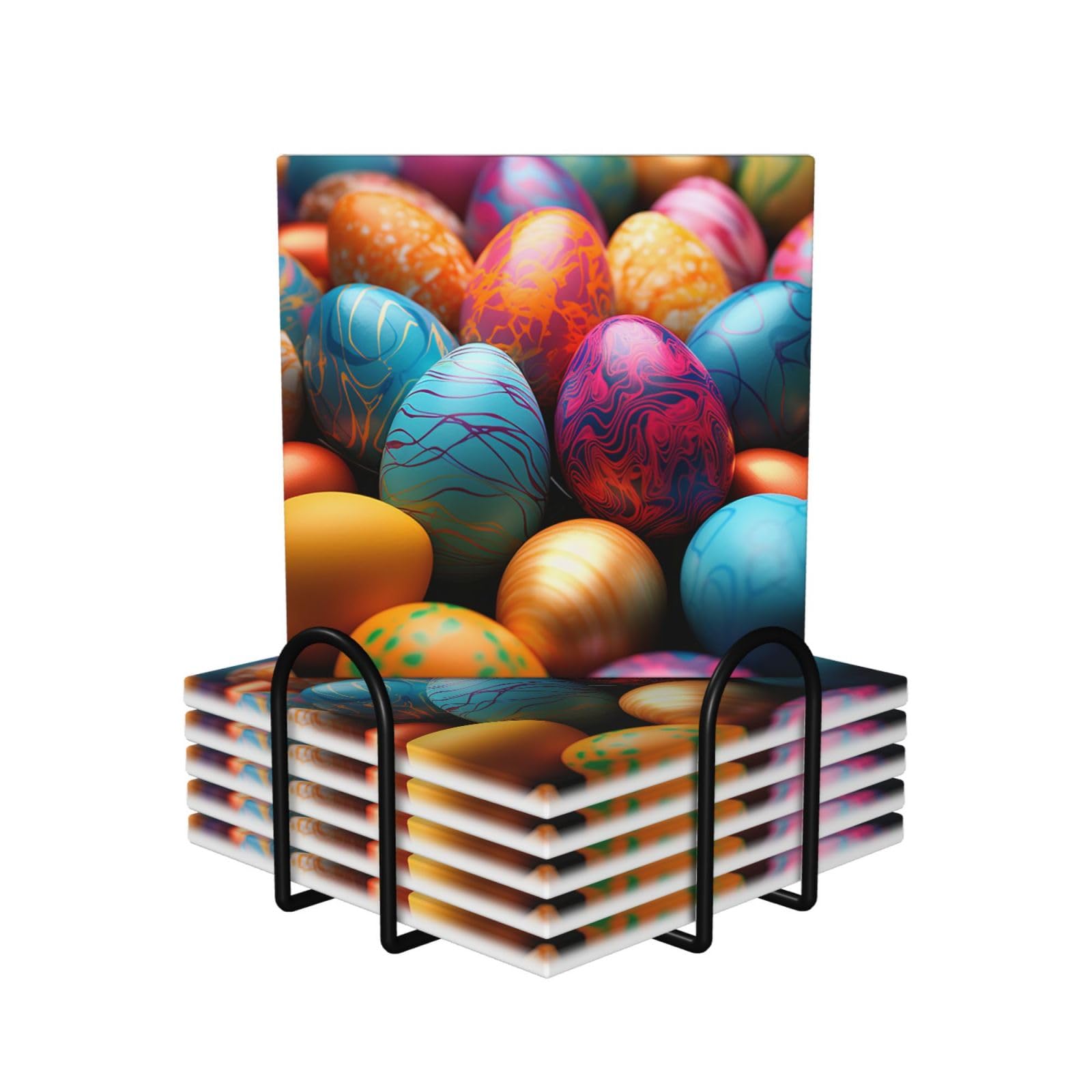 6Pcs Ceramics Coaster for Drinks, Easter Day Colorful Eggs Cup Coasters with Holder, Aesthetic Drink Coasters for Coffee Table, Absorbent Round Coaster for Tabletop Protection 4" Cup Mat Pad