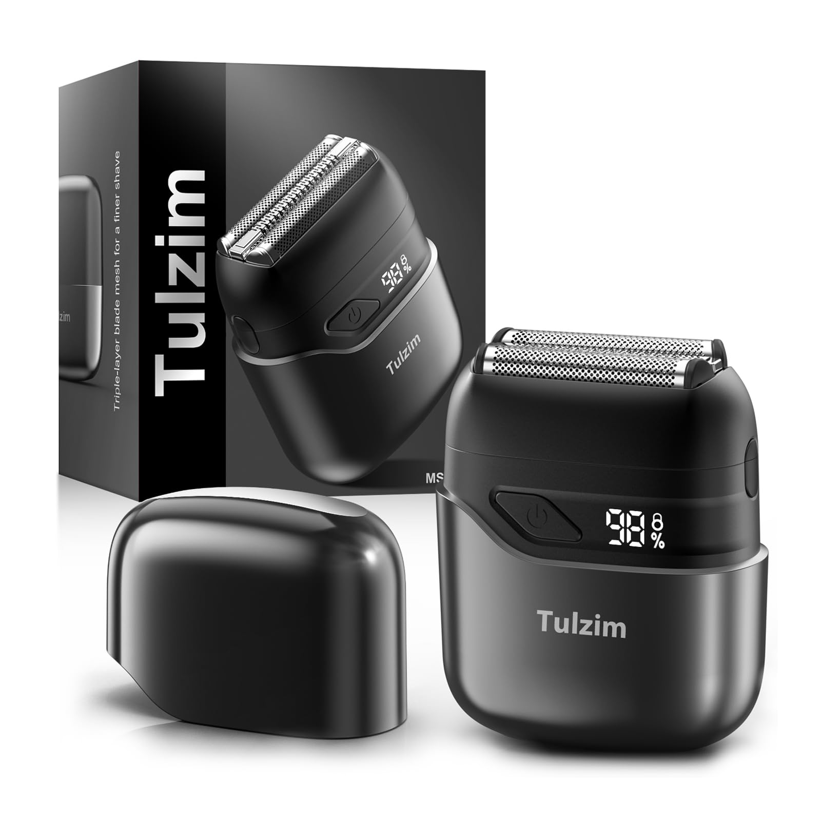 Tulzim Electric Foil Shaver for Men: Cordless Electric Razor for Face & Beard - 3 Floating Blades, 100-Min Runtime, USB-C Fast Charge, IPX7 Waterproof for Travel, Silver Grey