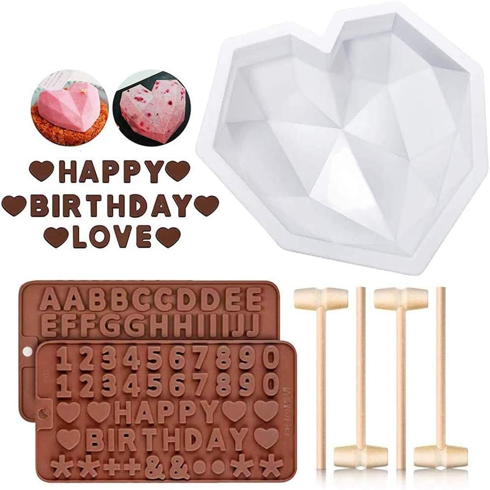 Diamond Heart Shaped Mousse Cake Mold Trays, 8.7 inch Silicone Dessert Baking Pan Safe Not Sticky Mould with 4 Pcs Wooden Hammers and 2 Chocolate Molds for Home Kitchen DIY Baking Tools