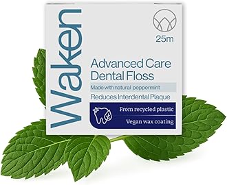 Waken, 25m peppermint dental floss, 100% natural flavor, reduces plaque and gum disease, clinically tested, vegan floss, white