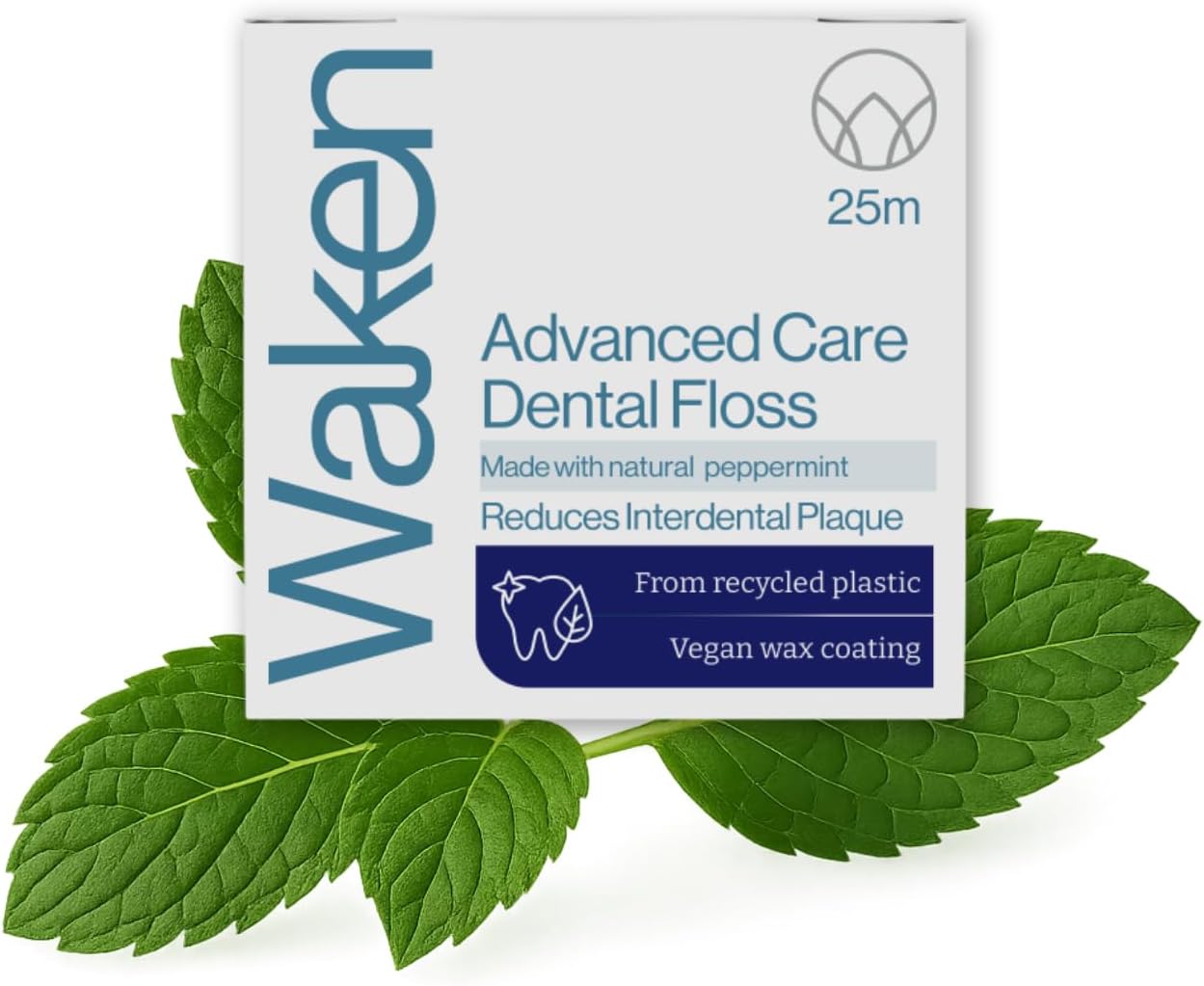 Waken, 25m peppermint Advanced Care Dental Floss, 100% natural flavor, reduces plaque and gum disease, clinically tested, vegan floss, white