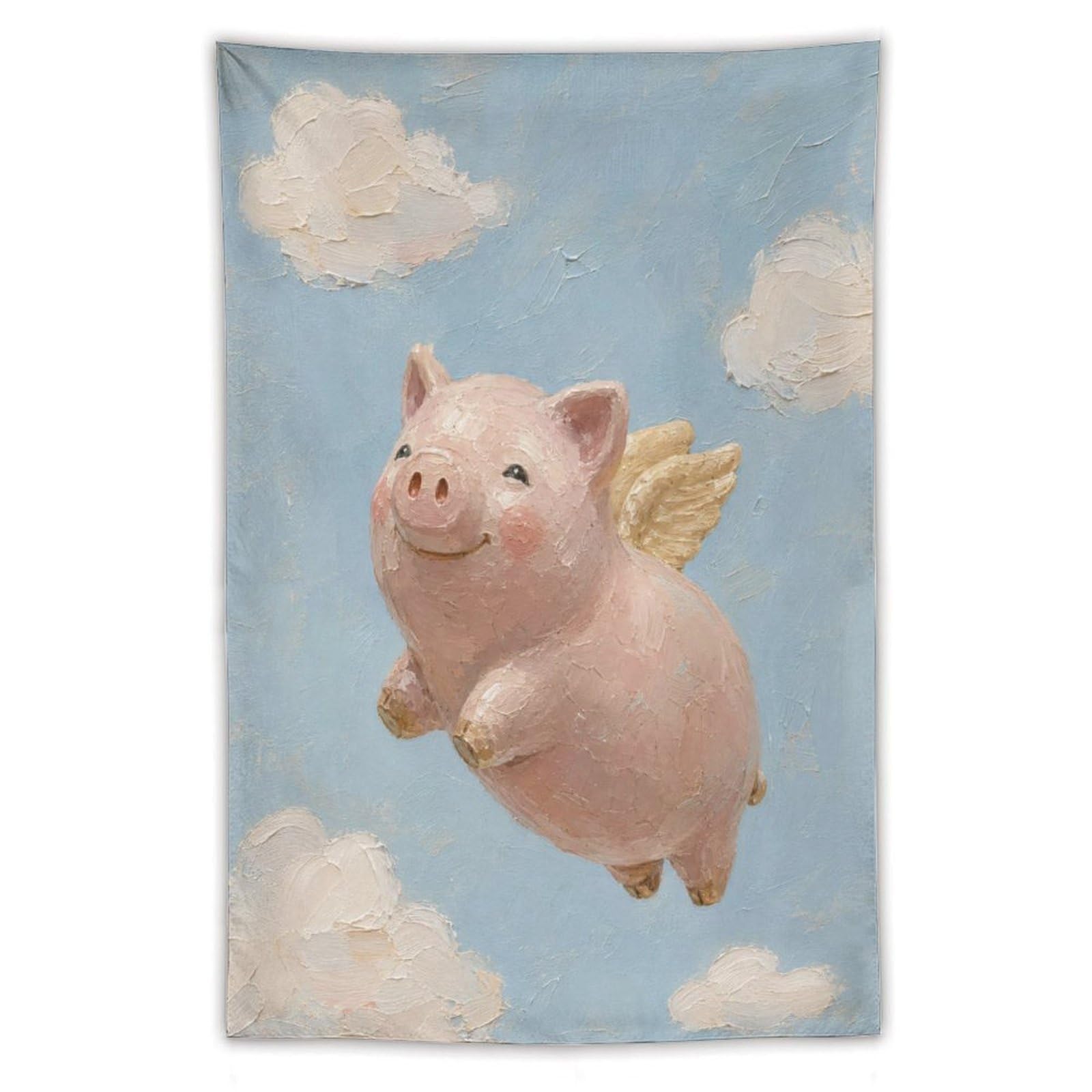 W7C8U2X3 Flying Pig Cloudy Sky Wall Tapestry, Storybook Illustration