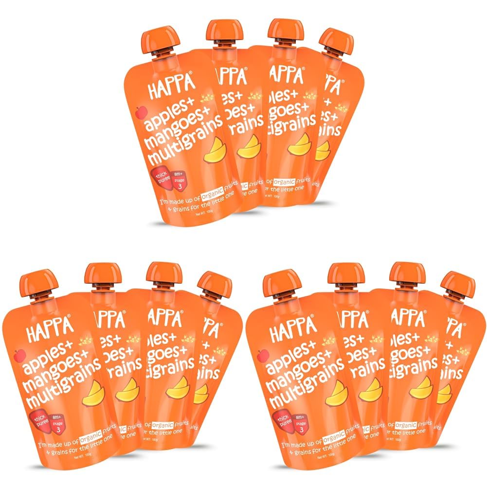 Happa Organic Baby Food Apple Mango and Multigrain Puree | 100% Fruits | No Added Sugar, No Milk Powder, No Preservatives | Stage 3 (8 Months+) | Ready to Eat | Free from Common Allergens | Pack of 12 (100g Each)-image-46