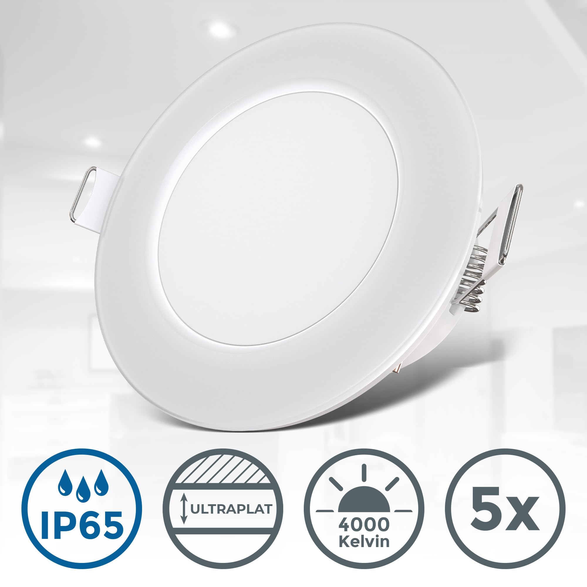 B.K.Licht - Set de 5 spots LED encastrables salle de bain, plats, IP65, couleur de lumière blanc neutre, dimension du trou 68mm, spots LED, spot encastrable, plafonnier salle de bain, 86x30mm, blanc