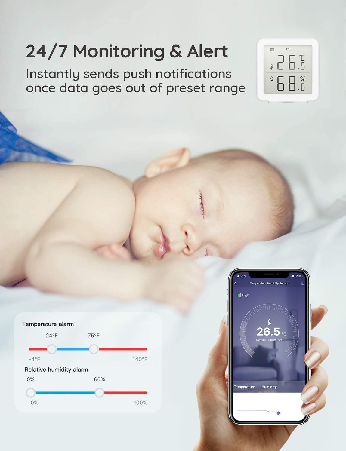 Inteligentny termometr Wi-Fi, higrometr, czujnik temperatury wewnętrznej, alarm powiadomień o aplikacji, bezpłatny eksport danych, cyfrowy pilot do sypialni, piwnicy na wino