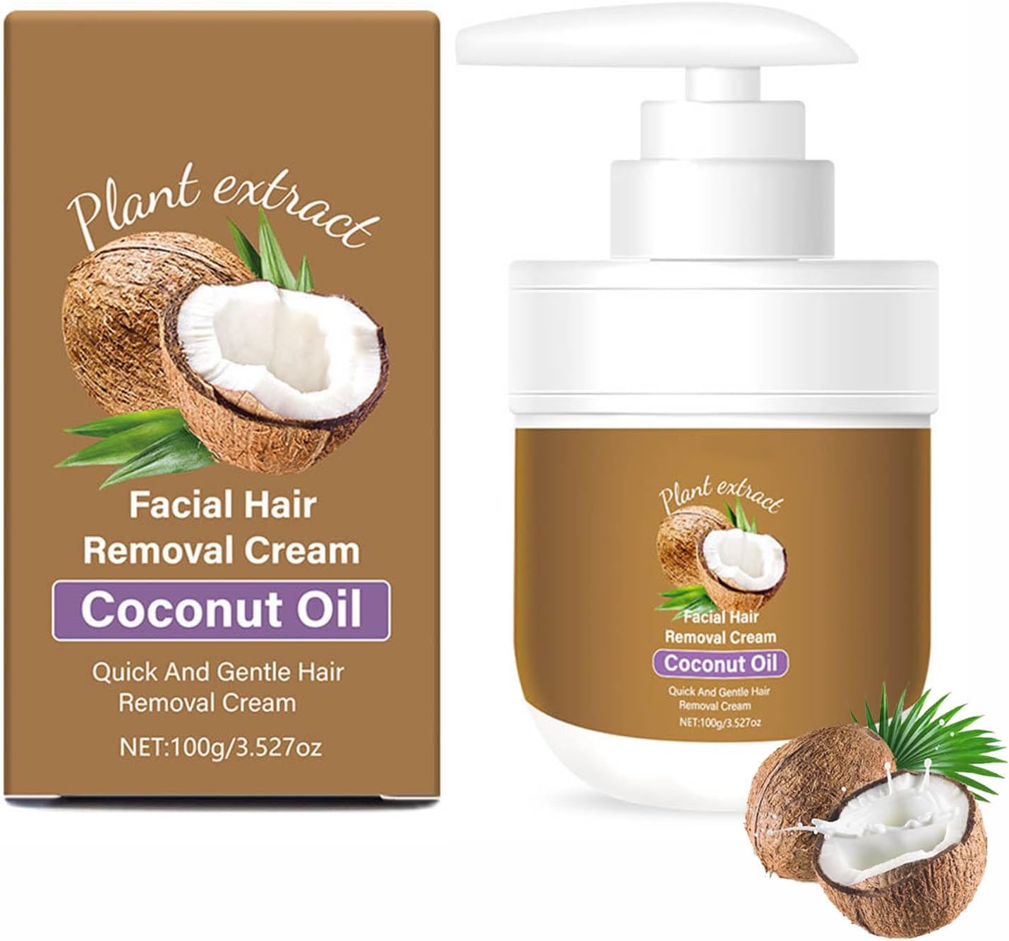 Coconut Oil Facial Hair Removal Cream, Coconut Oil Hair Removal Cream for Face and Body, 3.52 Fl.Oz Facial Hair Removals Cream for Smooth Skin for Women (1)