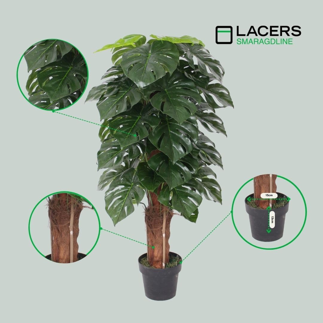 Lacers SMARAGDLINE pflegeleichte künstliche Monstera im Topf – Fensterblatt 120cm, realistische Optik, Dekoration für Wohnzimmer, Balkon und Büroräume-pflegeleicht, langanhaltend ohne spezielle Pflege