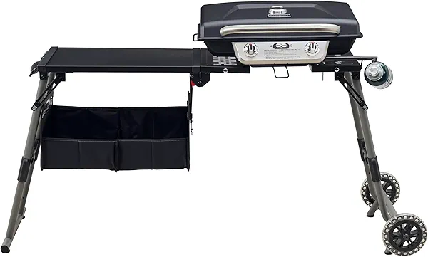 Cuisinart Prep ‘N Go Folding Gas Grill, Portable Stand-Up Propane Grill with Compact Fold and Storage Tote, Wheels and Side Table, 18,000 BTUs for Camping, Tailgating, Outdoor Cooking