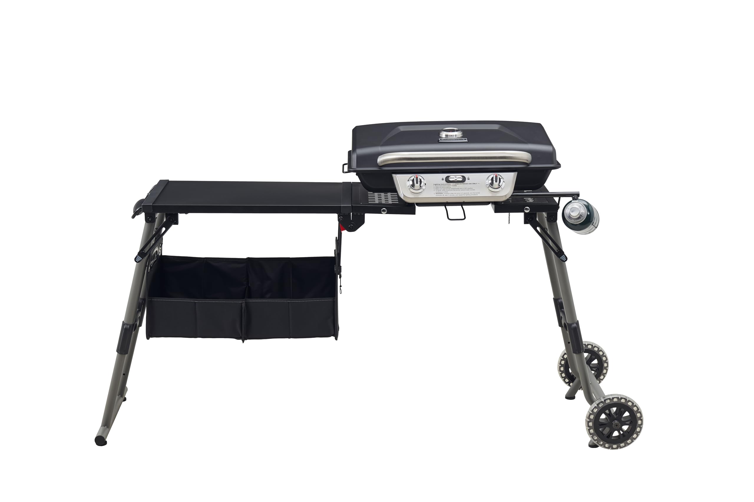 Cuisinart Prep ‘N Go Folding Gas Grill, Portable Stand-Up Propane Grill with Compact Fold and Storage Tote, Wheels and Side Table, 18,000 BTUs for Camping, Tailgating, Outdoor Cooking