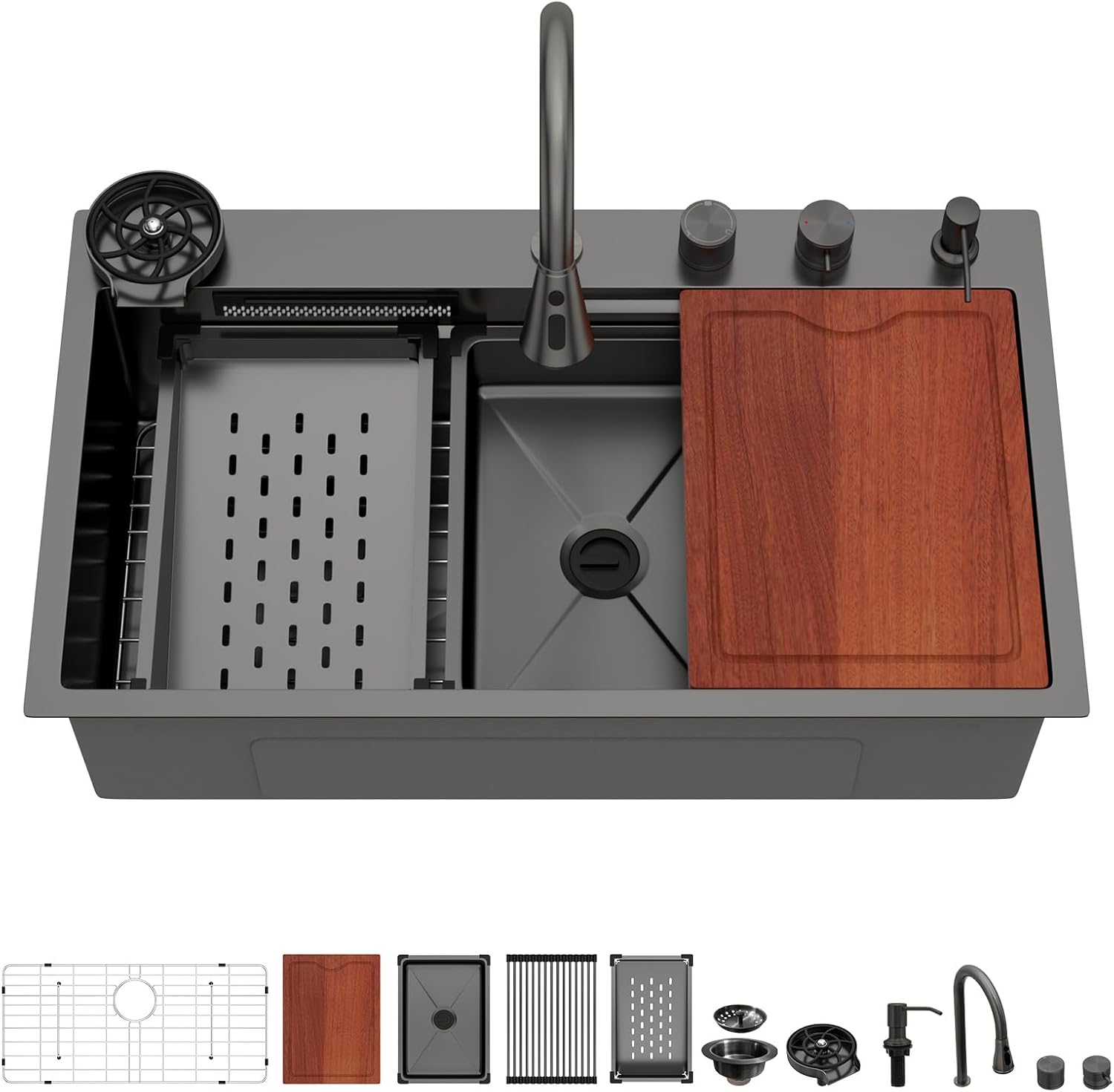 33x19 Inch Waterfall Drop In Kitchen Sink Workstation With Faucet Combo, 16 Gauge Stainless Steel Black Top mount Single Bowl, Multifunctional Smart Design With Cup Washer