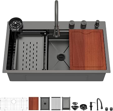 33x19 Inch Waterfall Drop In Kitchen Sink Workstation With Faucet Combo, 16 Gauge Stainless Steel Black Top mount Single Bowl, Multifunctional Smart Design With Cup Washer