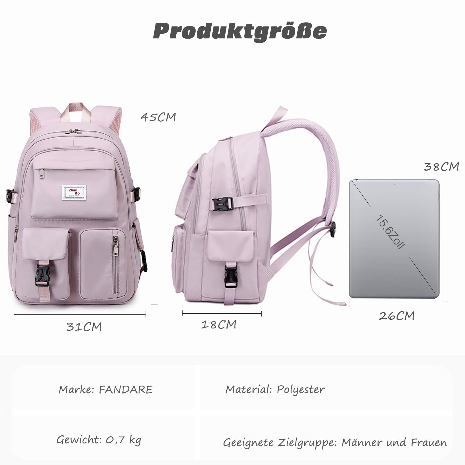FANDARE Beiläufig Rucksack Schulrucksack Schulranzen Daypacks mit Laptopfach für 15.6 Zoll Tagesrucksack Mädchen Junge Schultaschen für Universität Reisen Freizeit Arbeit Wasserdichtes Polyester