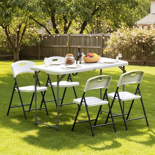 48' Foldable Outdoor Dining Set with 4 Fully assembled Dining Chairs for Easy Storage, Portable Patio Table and Chairs Set for Camping Picnic, Heavy Duty Patio Table Set for Garden Yard.