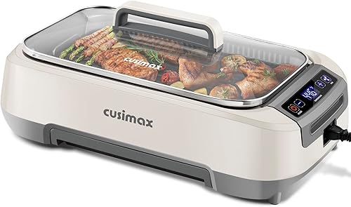 CUSIMAX - Parrilla eléctrica sin humo, parrilla eléctrica coreana de 1500 W con pantalla inteligente LED y tapa de vidrio templado, placa de