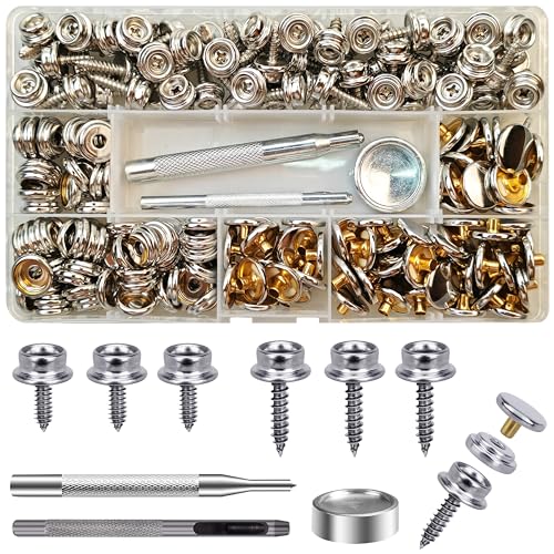 70 Set Druckknöpfe zum Schrauben, 15mm/10mm Edelstahl Druckknopf Schraubbar mit Fixierwerkzeug Kit für Planen, Schiffe, Möbel, Segeltuch, Autozelte (Silber, 15mm/10mm)