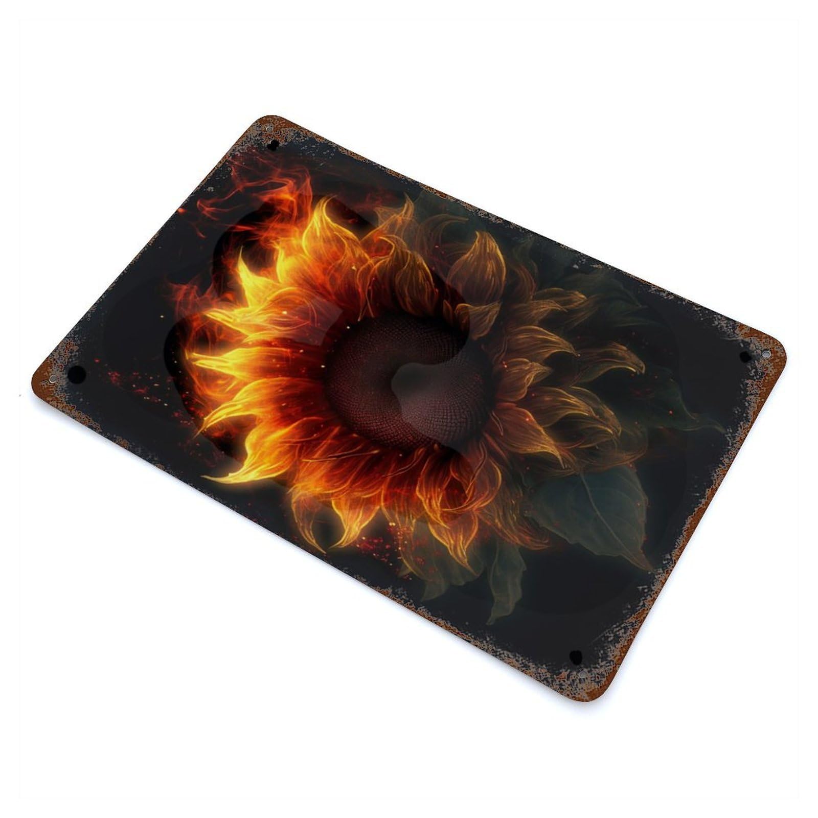 Sunflower Flames Smoke 11.8"x7.9" Aged Metal Wall Plaque, Retro Wall Decor for Farmhouse, Kitchen And Entryway Decor