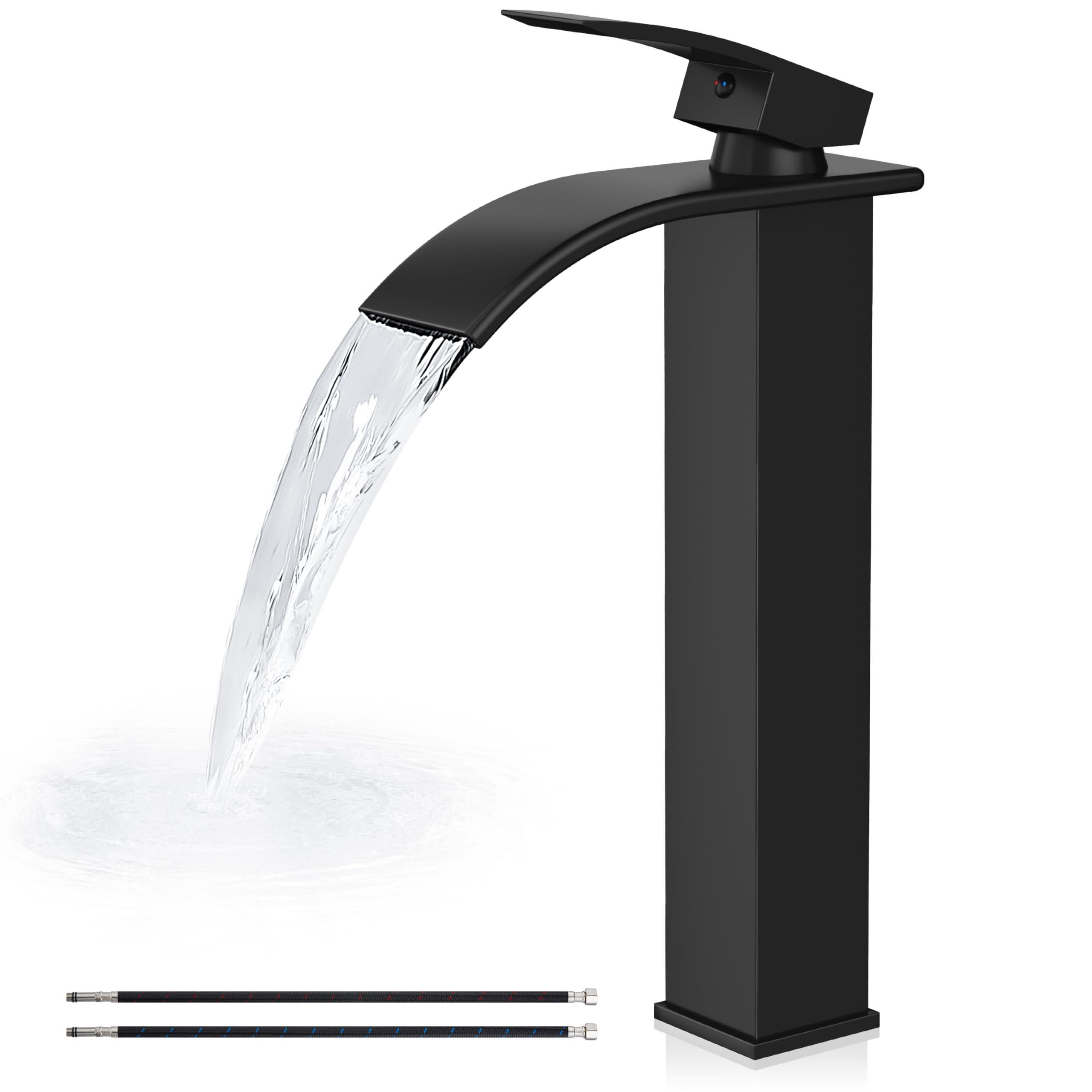 Airuida Grifo de baño de cascada alto de latón negro mate con un solo agujero de montaje en cubierta con boquilla rectangular grande para lavabo
