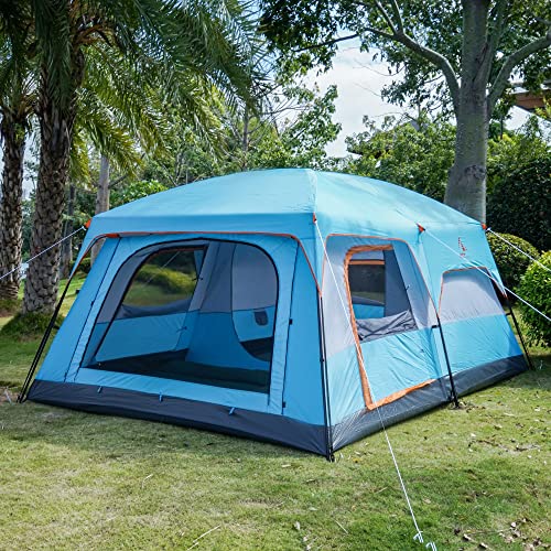 Ktt Extra Large Tent 12 Person(Style-B),Family Cabin Tents,2 Rooms,Straight Wall,3 Doors And 3 Windows With Mesh,Waterproof,Double Layer,Big Tent For Outdoor,Picnic,Camping,Family Gathering(Blue) #TOP3