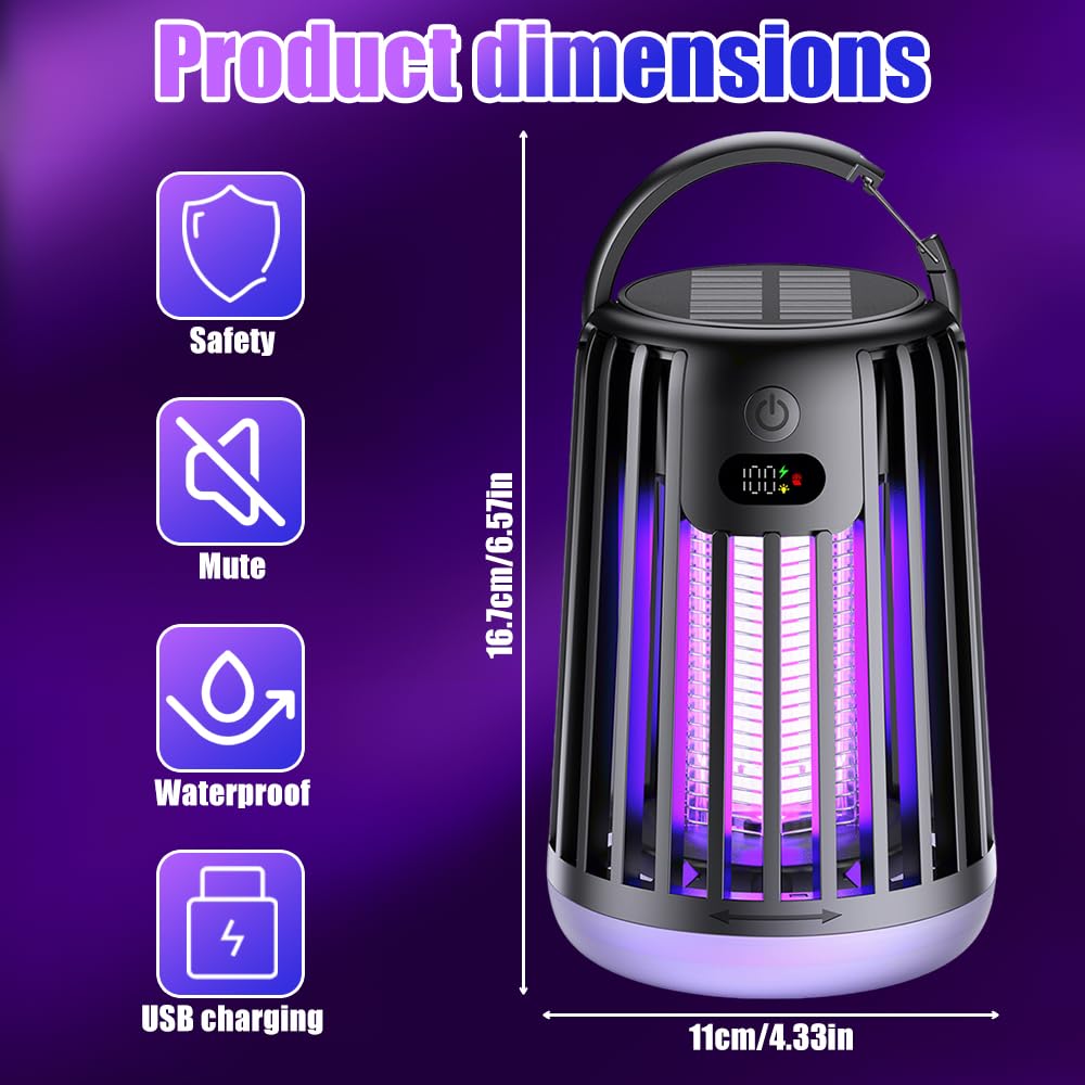 Foreverup Lampe Anti Moustique, UV Tue Mouche Electrique Intérieur, Appareil Anti Moustique Portable avec Lumière LED, Recharge Solaire et USB, pour Camping, Jardin, Chambre à Coucher, Terrasse