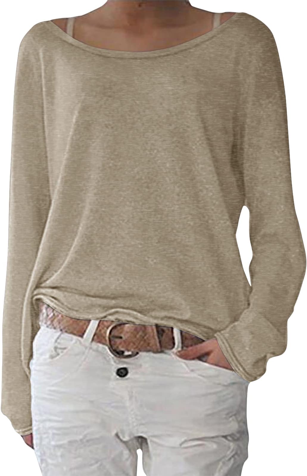 ZANZEA Women's Sexy Casual Autumn Loose Round Neck Long Sleeve Tops Blouse Jumper T-Shirt Beige L(Size: UK 14-16)