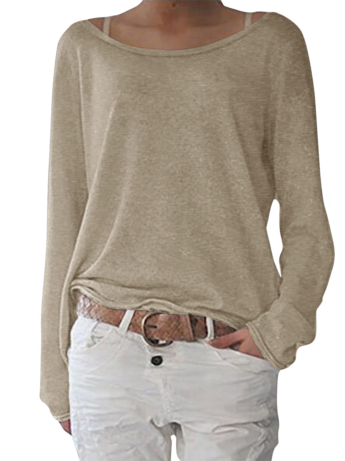 ZANZEA Women's Sexy Casual Autumn Loose Round Neck Long Sleeve Tops Blouse Jumper T-Shirt Beige L(Size: UK 14-16)