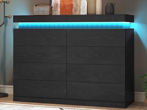 Miniatura 11 de Cómoda alta blanca de 6 cajones para dormitorio, espacio de almacenamiento con tapa deslizante, cómodas modernas de madera con luz LED y toma de 6