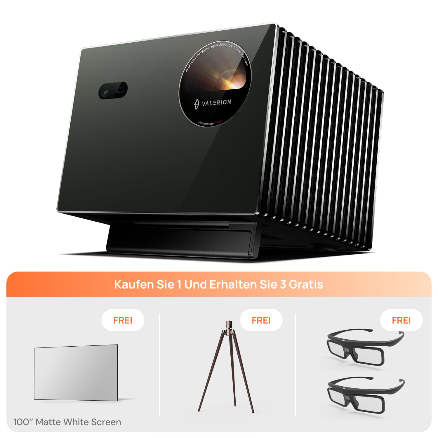 Pack Home Cinéma Valerion：Inclus Projecteur Valerion VisionMaster Pro2 4K Triple Laser + écran Blanc Mat de 100 Pouces + trépied en Noyer + Lunettes 3D