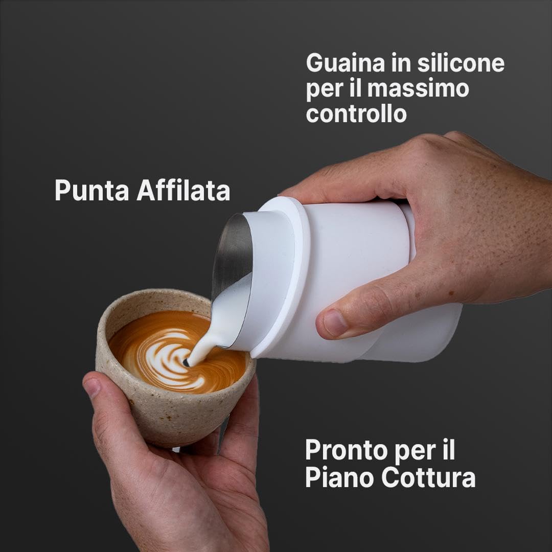 Subminimal FlowTip Bricco Latte Senza Manico in Acciaio Inox, Versamento Preciso per Latte Art, Pot da Barista per Schiuma Latte Cappuccino Caffè (Bianco)