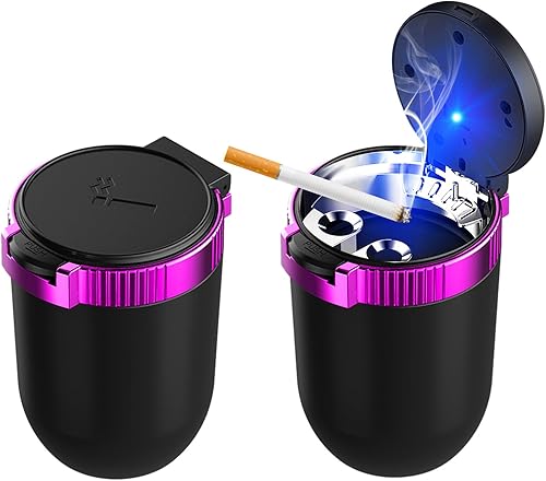 Miniatura 10 de Cenicero de coche con tapa, cenicero desmontable de acero inoxidable con luz LED azul, cenicero portátil mini para vehículo, portavasos, papelera a