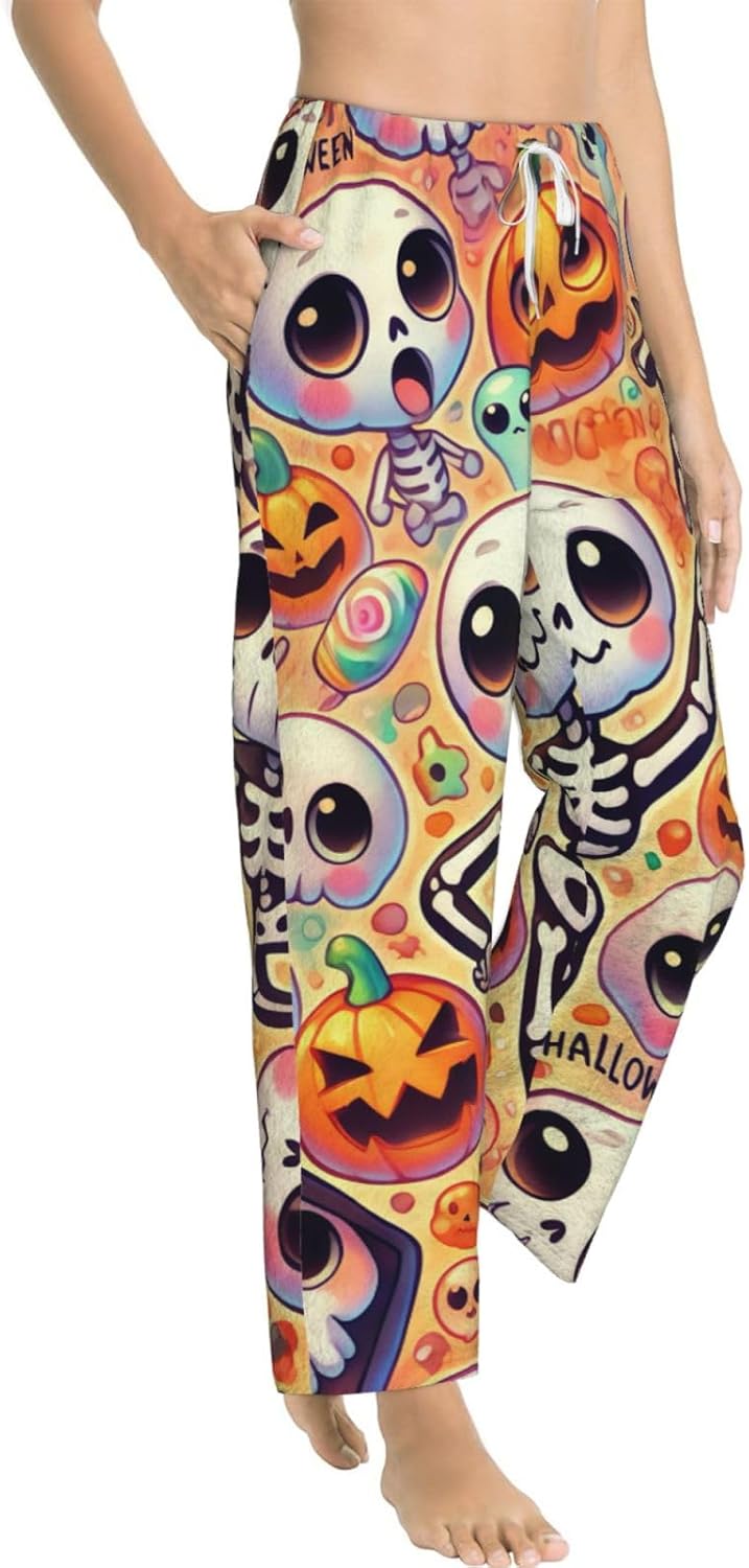 Women'S Cute-Halloween-Skeletons Fleece Pajama Pants, Cozy Flannel Lounge Bottoms For Women
