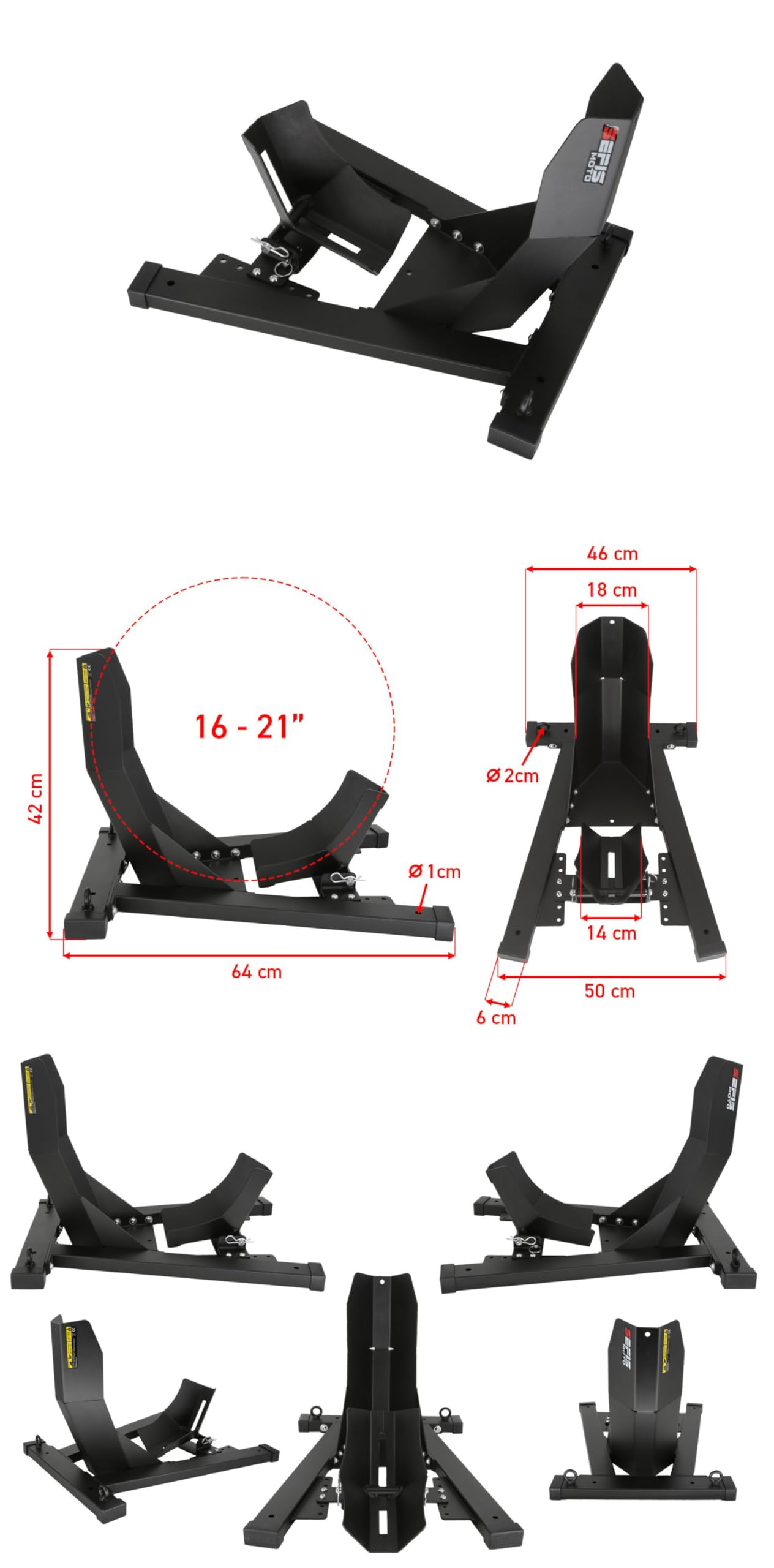 SEFIS C20 Soporte de transporte para motocicleta delantera de moto, balancín de motocicleta, soporte de transporte, para neumáticos delanteros de 16 – 21 pulgadas, montaje en suelo, abrazadera de