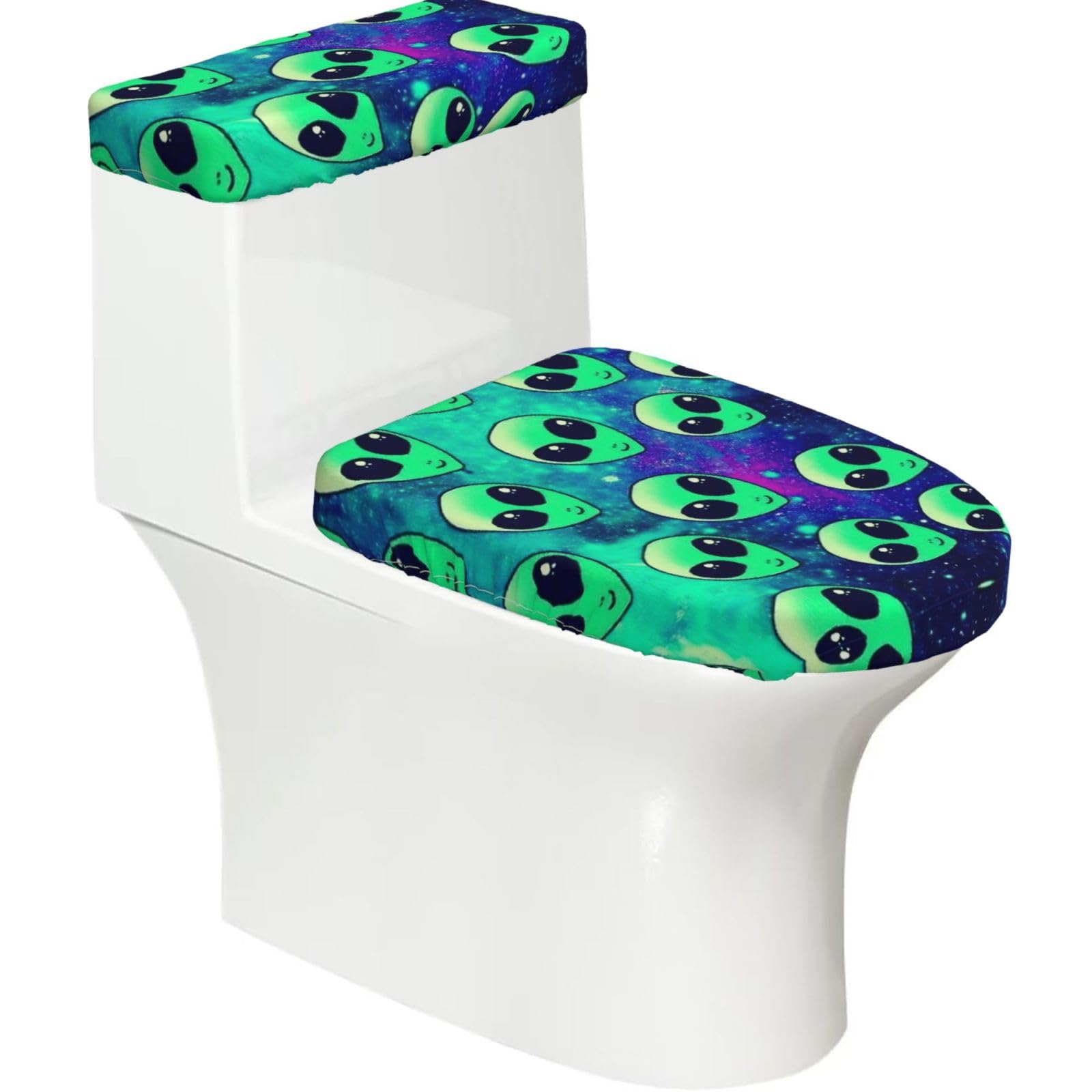 Green Aliens Printed Toilet Tank and Lid Cover Set of 2 for Most Bathrooms, Fits Elongated Round Toilets