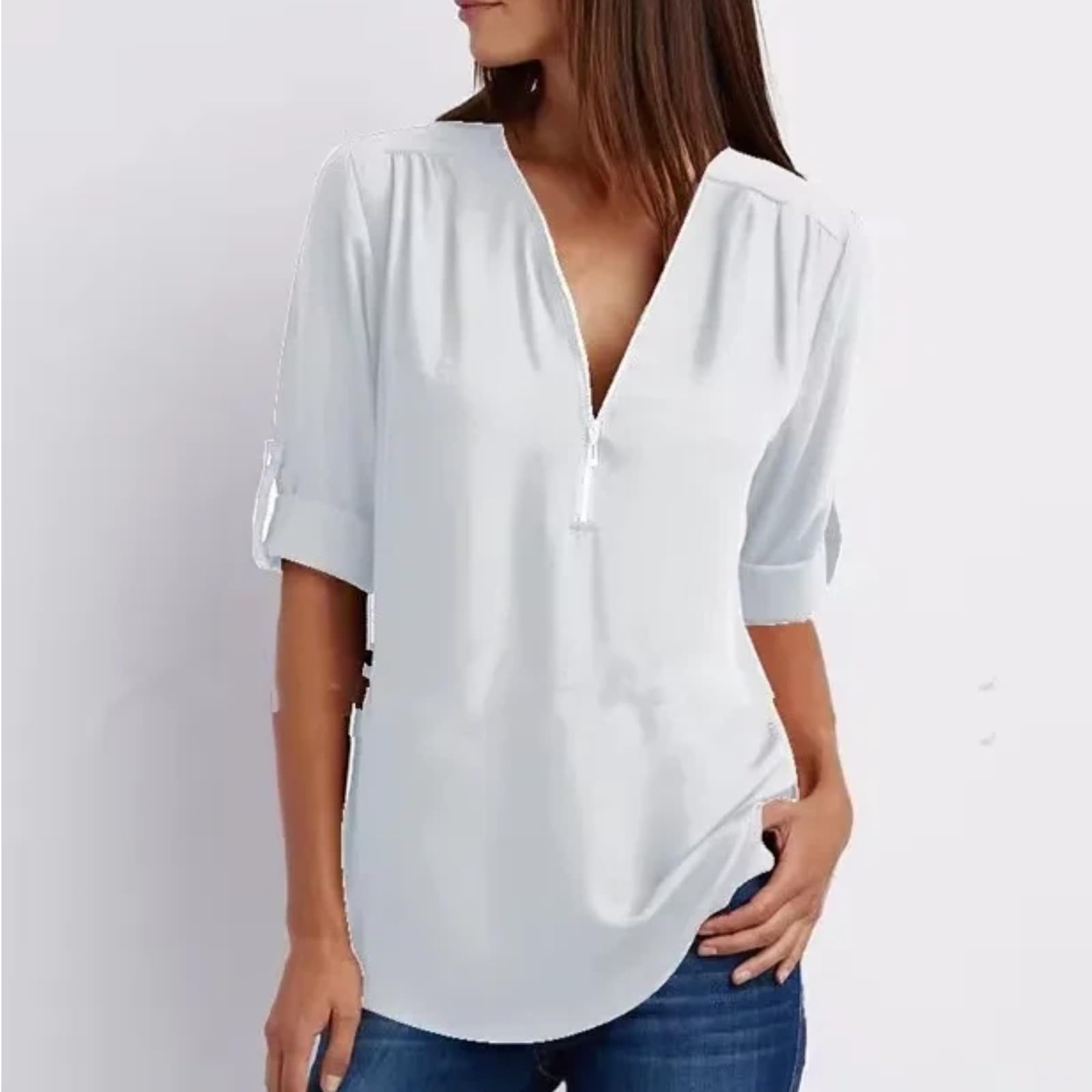 Blusa Mujer Cuello V Gasa con Cremallera Corte Holgado