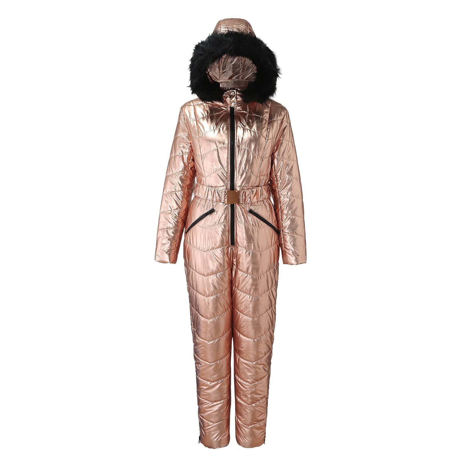 Traje de esquí metálico brillante para mujer, overol de nieve de invierno de alto brillo con capucha de piel sintética desmontable, equipo de esquí impermeable y resistente al viento, traje de esquí