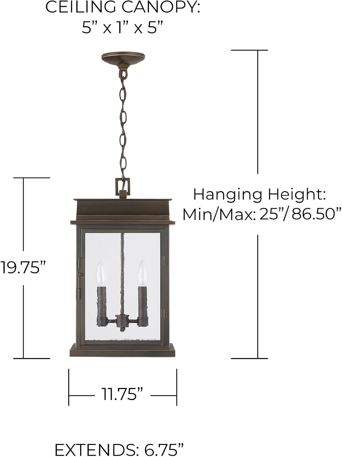 Capital Lighting 936823OZ Bolton Rectangular Outdoor Hanging Lantern, 2-Light 120 Total Watts, 20" H x 12" W, Oiled Bronze