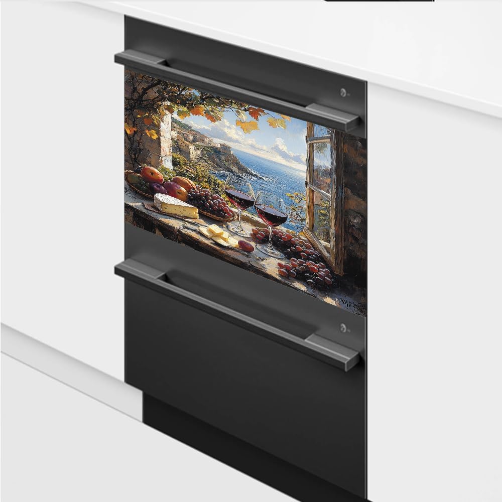 Red Wine Grape Window Seaview Kitchen Decoration Magnet Dishwasher Cover Retro Home Appliances Magnets Sticker Refrigerator Door Vinyl Decal (Mag503C10-1,23Wx17H Inches)