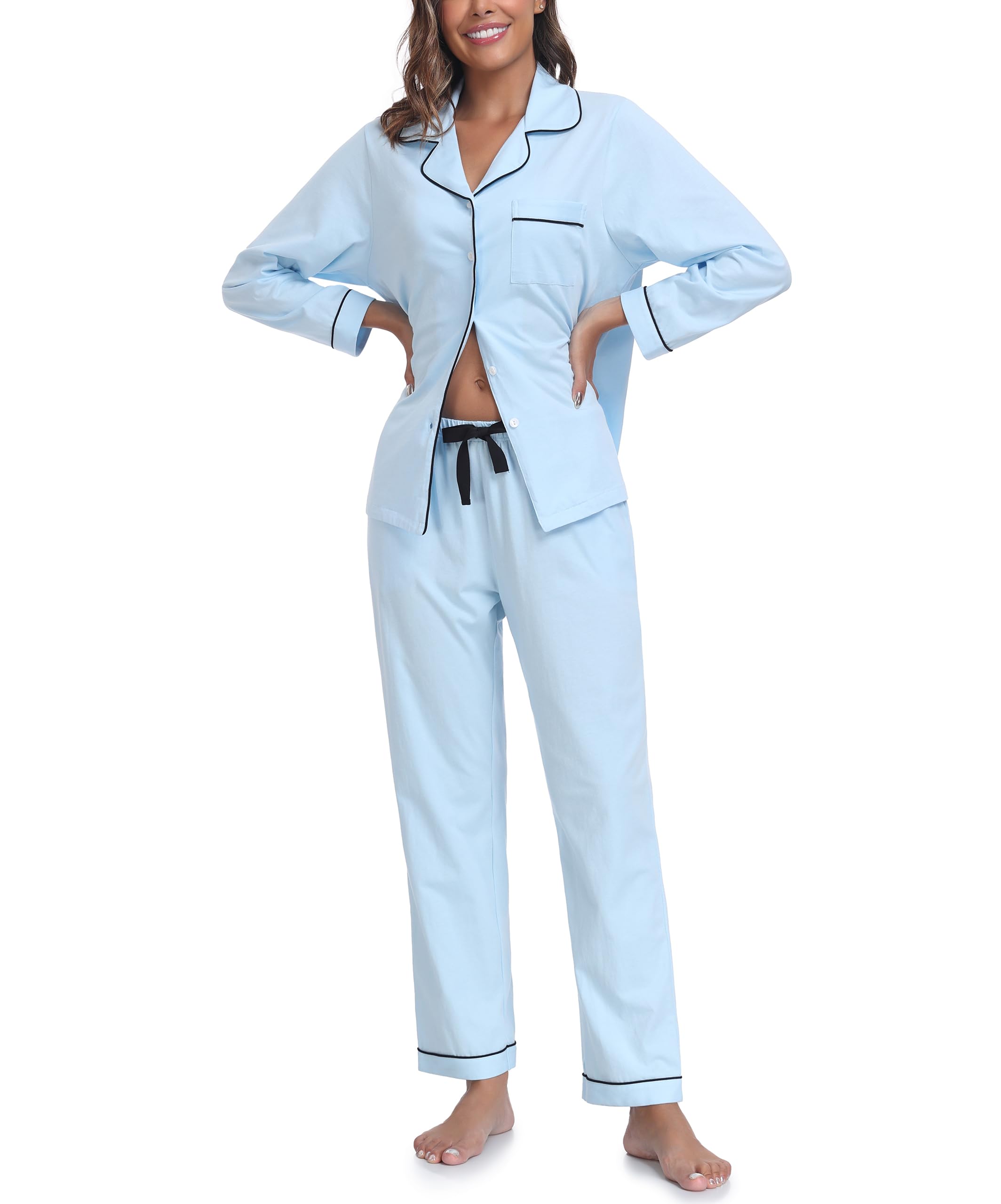 ANLIQI 100% Cotton Pajamas for Women Button Down Pajamas Long Sleeve Top & Pant Sleepwear Loungewear Pj Set with Pockets