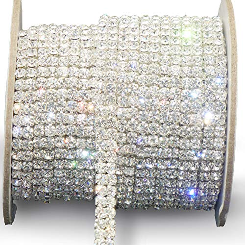 Awakingdemi Crystal Rhinestone Close Chain, Fashion SS16 Clear Rhinestone 1 Yard 2-Row Close Chain Trims Silver for Weeding DIY Decoration (1Yard)