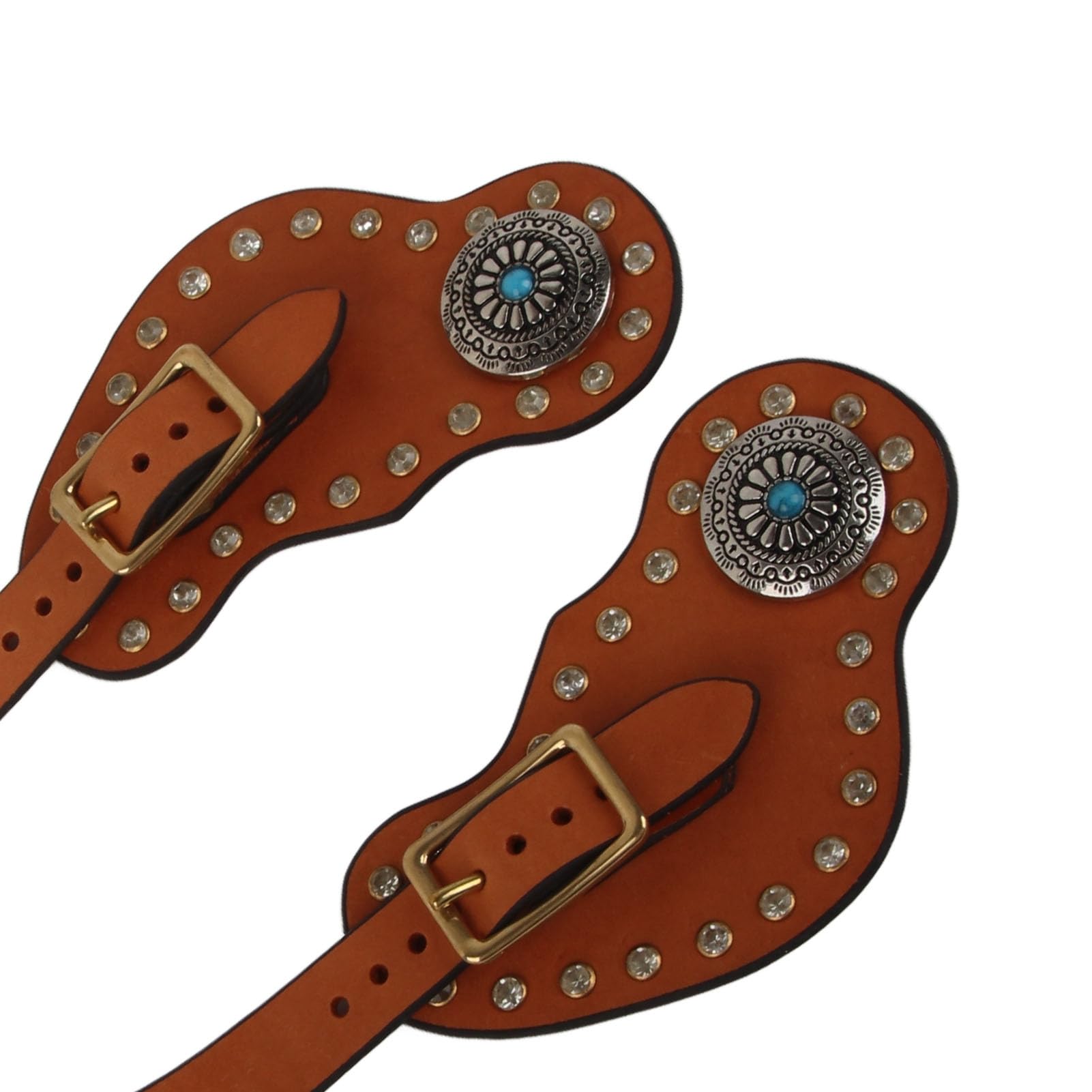 1 Paar Leder-Sporenriemen, Western-Sporenriemen mit Schnalle, echter Rindsleder-Brauner Pferdesporenriemen mit Strassverzierung für Cowboy-Reiten und Reitausbildung